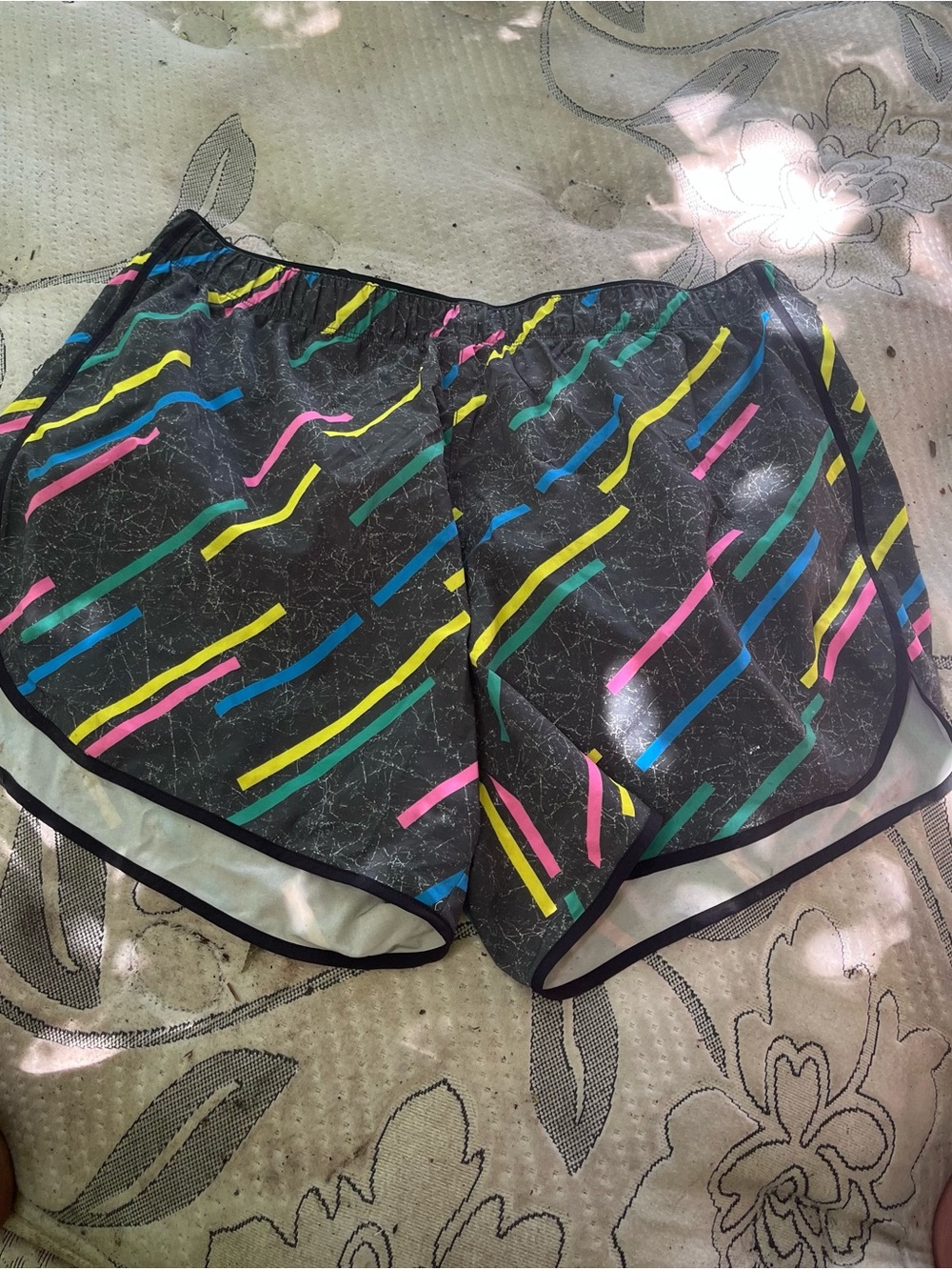 Women's Black Athletic Shorts with Multicolor Stripe Print